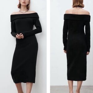 NWT ZARA Off-Shoulder Black Knit Midi Dress M